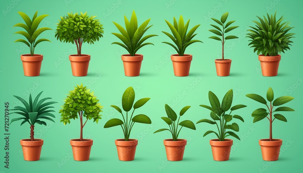 Potted Houseplant, Tree, Grass: A 3D Vector Cartoon Icon Set