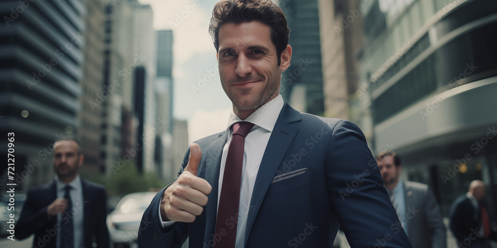 young successful businessman showing thumb up.  concept of success, development and business
