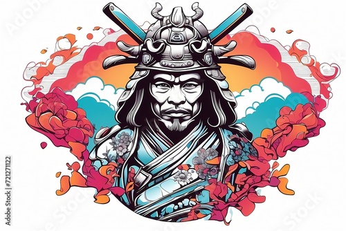 Print design samurai in armor near sakura, t-shirt vector illustration Japanese medieval warriors , ancient soldier