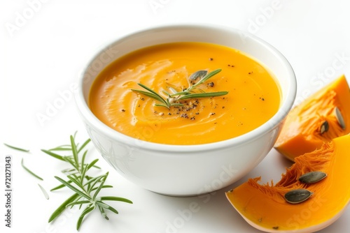 Delicious pumpkin cream soup in bowl on white background