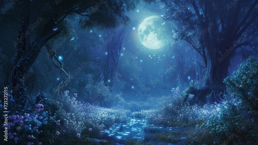 Mesmerizing scene of an enchanted forest bathed in ethereal moonlight, where mystical creatures frolic among luminescent flora