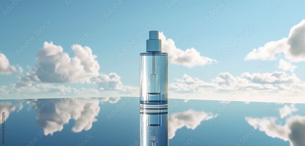 Empty, twisted helix-shaped skin care bottle on a glass table with reflections of a blue sky.