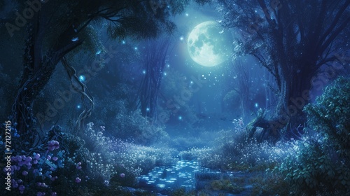 Mesmerizing scene of an enchanted forest bathed in ethereal moonlight  where mystical creatures frolic among luminescent flora