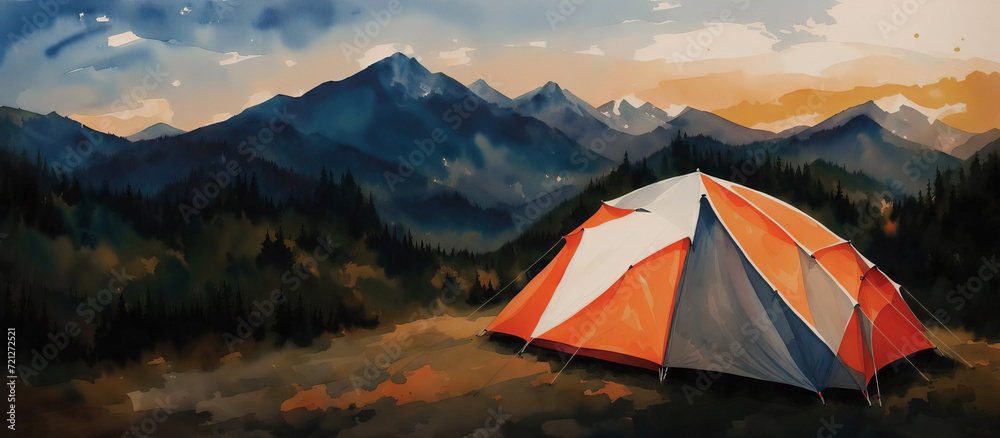 Tent against the backdrop of the mountains, camping in the wild. Watercolor drawing, generative ai. - obrazy, fototapety, plakaty 