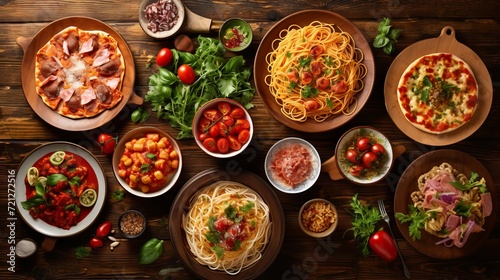 Top view of a table with delicious Italian dishes on plates: pizza, pasta, ravioli, carpaccio, vegetables and herbs on a brown wooden background. Food, a festive table for guests. photo