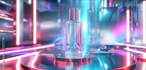 Pristine, pentagonal skin care bottle on a futuristic metallic platform with holographic patterns.