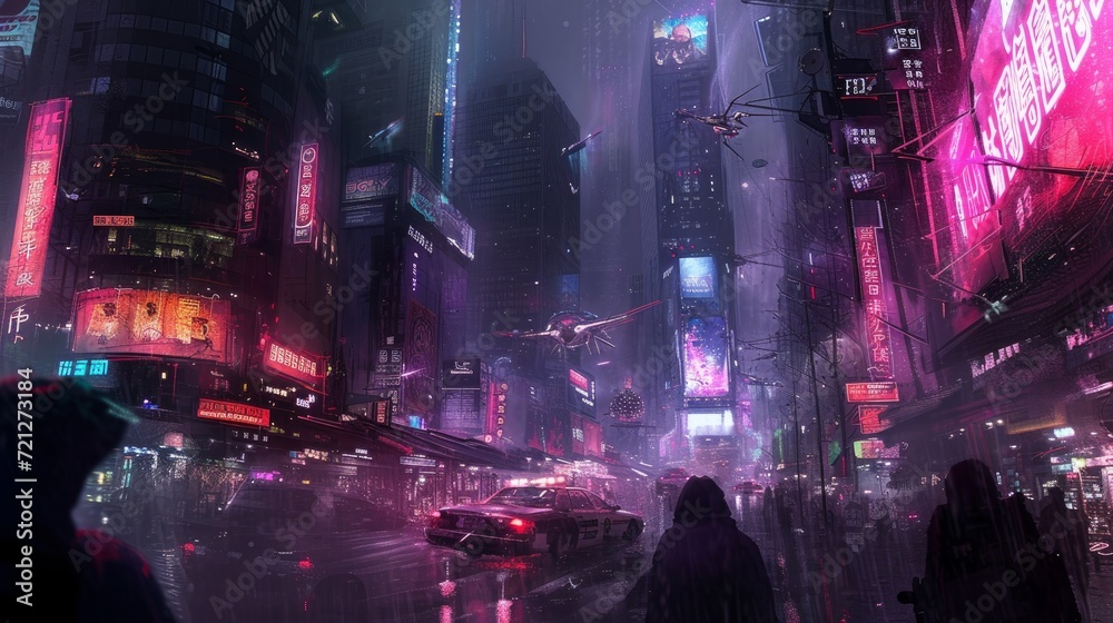 Futuristic cyberpunk cityscape with towering neon skyscrapers, bustling flying vehicles, and gritty alleyways that evoke a sense of a dystopian metropolis