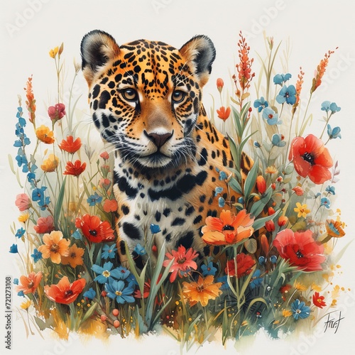 Joyful Jaguar in Colorful Flower Field Generative AI