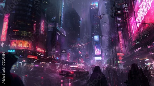Futuristic cyberpunk cityscape with towering neon skyscrapers  bustling flying vehicles  and gritty alleyways that evoke a sense of a dystopian metropolis