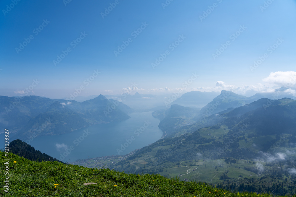 View of the blue Vierwaldstätter Lake in Switzerland from above on a sunny day 