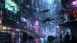 Futuristic cyberpunk cityscape with towering neon skyscrapers, bustling flying vehicles, and gritty alleyways that evoke a sense of a dystopian metropolis