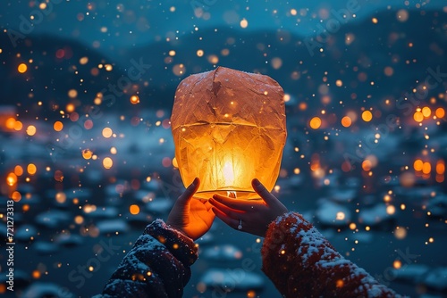 A close-up of a couple's hands releasing a floating lantern into the night sky
