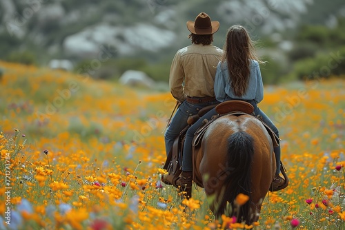 A couple enjoying a horseback ride through a flower-filled meadow © Create image
