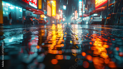 Wet asphalt, which reflects bright advertising signs, creates a hypnotizing city landscape photo