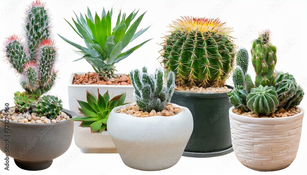 collection Set of different mixed cactus and succulents types of small mini plant in modern ceramic nordic vase pot as furniture cutouts isolated on transparent png backgrounds
