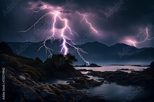 thunder storming and big lightning in the sky in purple and blue form abstract background view 