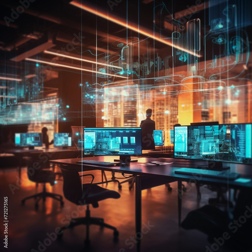 Modern neon cyberpunk open space office interior blurred with information technology overlay. Corporate strategy for finance, operations, marketing. Brown color grading 