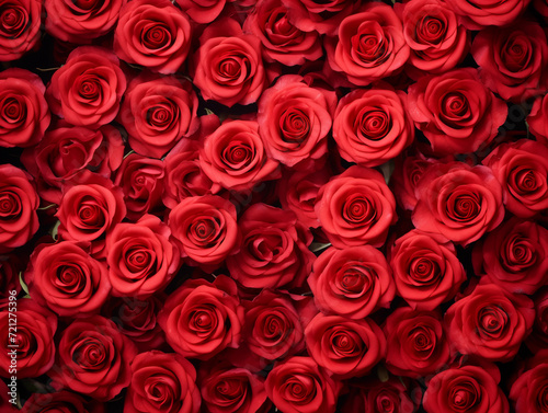 Natural fresh red roses flowers pattern wallpaper. top view  Red rose flower wall background. 