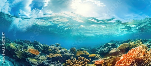 Underwater photoshoot of coral reef with waves and blue sky.