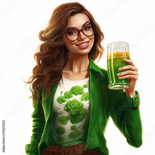 A girl in green clothes with a mug of beer. St. Patrick's Day celebration photo