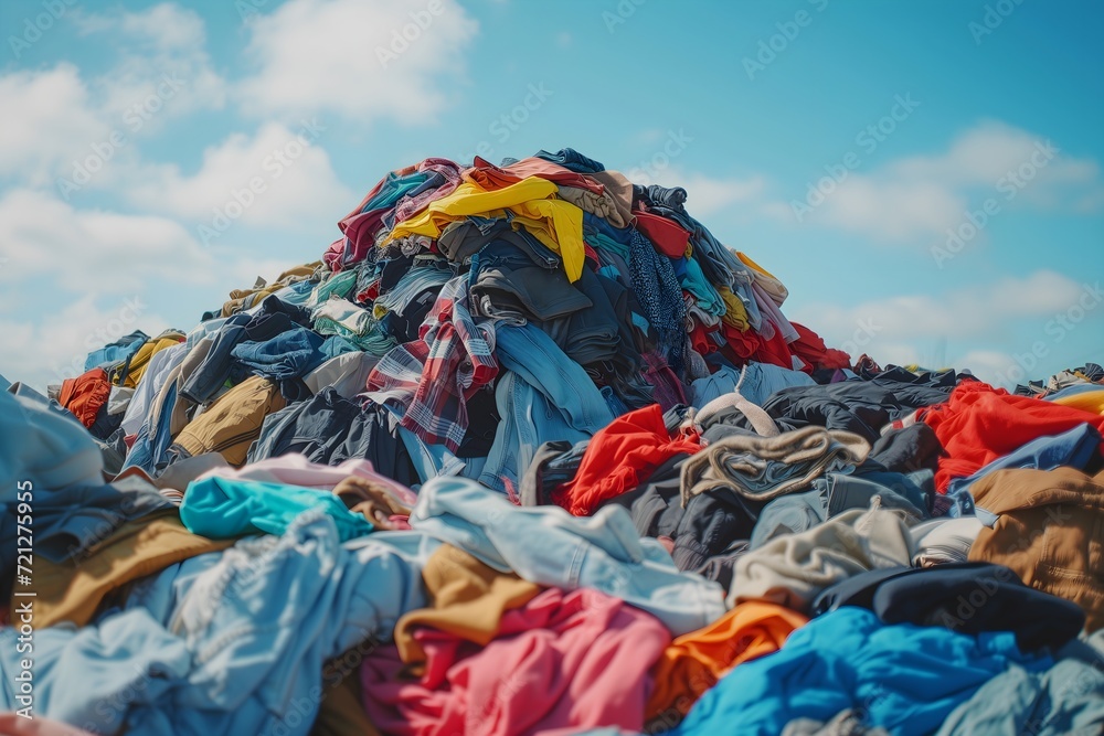Piles of discarded clothing and fashion waste in landfill