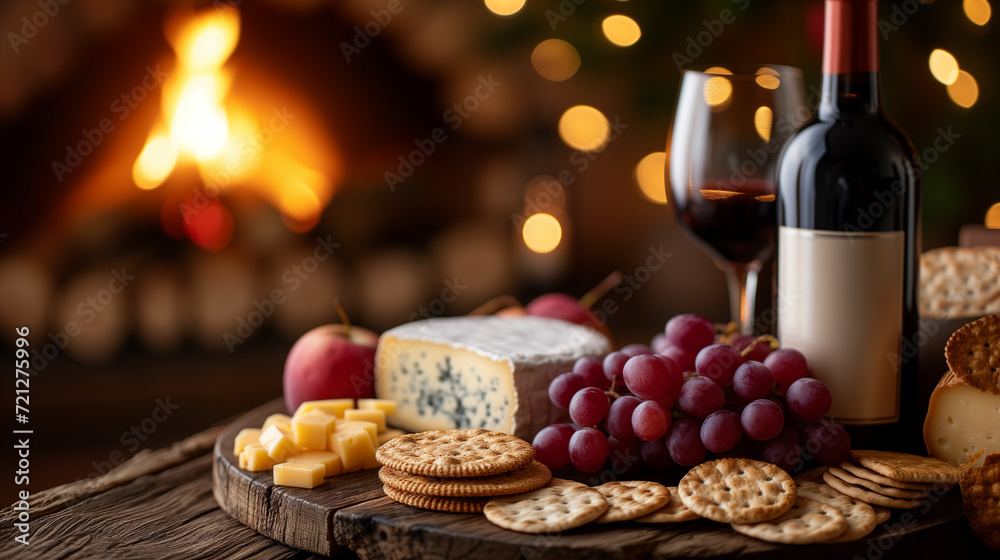 rustic table with cheese, grapes and wine