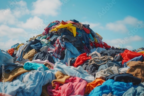 Piles of discarded clothing and fashion waste in landfill