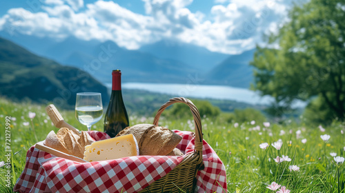 picnic basket with wine and cheese, overlooking a lake and mountains