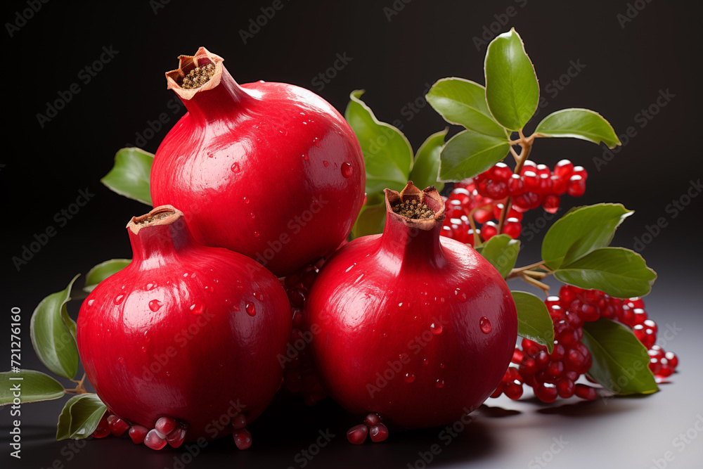 Realistic pomegranate photos. Fresh pomegranates with realistic lighting. Red pomegranates on a red and black background. Whole pomegranate and split pomegranate seeds. 3D pomegranate rendering.