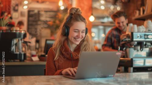 smiling woman with headphones and laptop in a cafe