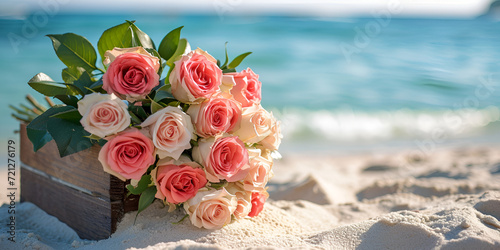 Celebrating wedding day at beach is ideal,give suprising wedding bouquet alongwith promises,warm wishes, love attention, bride roses, eustome, peony roses in pink and beige tones