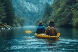 A couple enjoying a tandem kayak ride on a gentle river