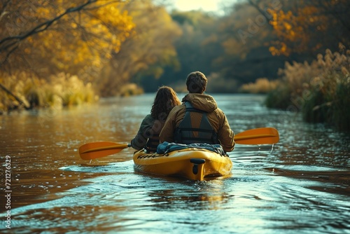 A couple enjoying a tandem kayak ride on a gentle river © create interior