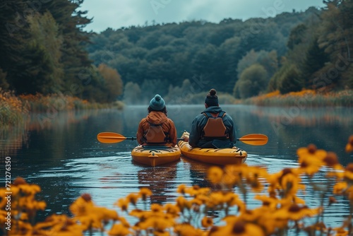 A couple enjoying a tandem kayak ride on a peaceful lake