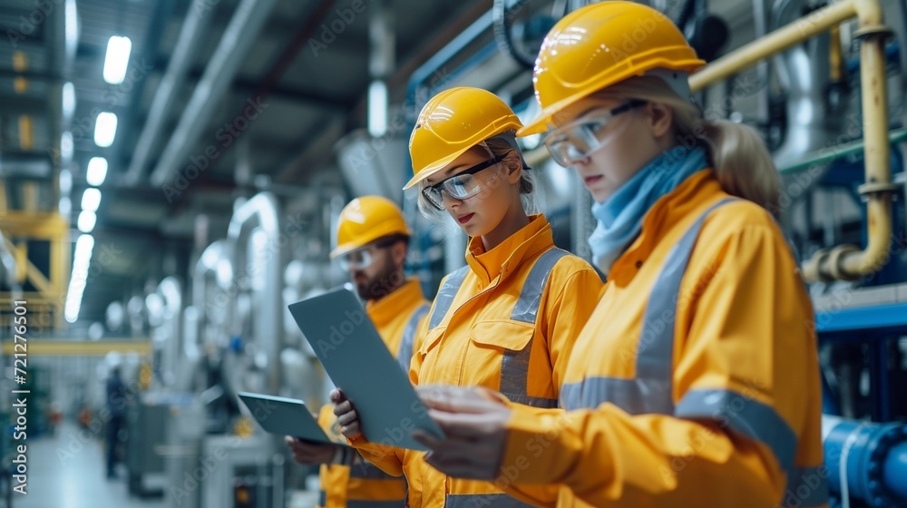 sefty engineer manager wearing full PPE meeting with engineering team with labtop at new factory ,generative ai sefty engineer manager wearing full PPE meeting with engineering team with labtop at new factory ,generative ai