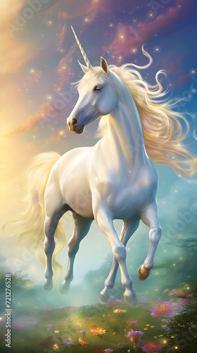 Spellbinding Illustration of a Mystical Unicorn Galloping across Pastel-colored Meadow under a Vibrant Blue Sky © Jon