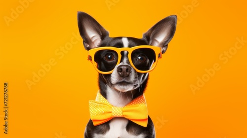 Playful pooch: cute small dog having fun against a vibrant orange background - adobe stock photo photo