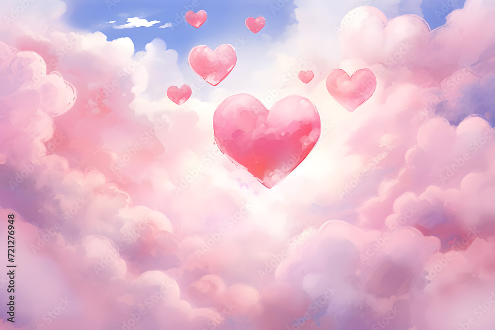 Pink hearts on cloudy sky. Love, Valentine day, wedding concept. Abstract romantic background for design greeting card, print, poster