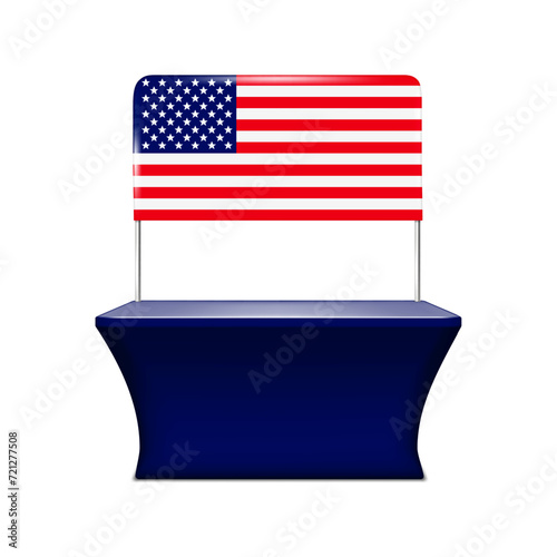 Counter desk with USA flag design isolated on white background. Table stand with US American flag header banner. Realistic vector illustration