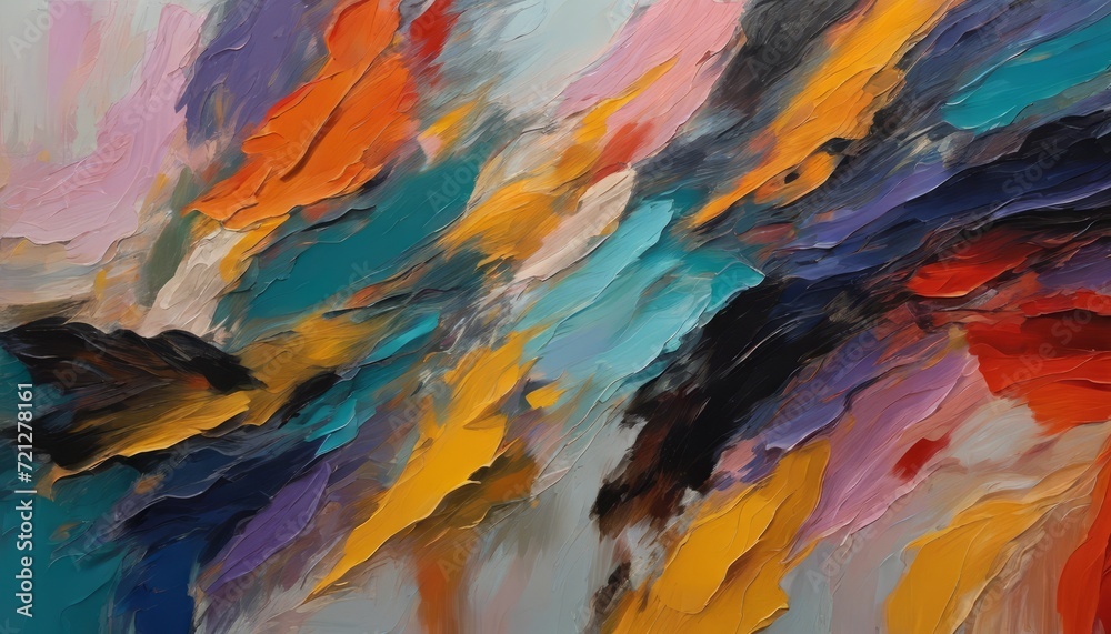 A colorful abstract painting with yellow, blue, red and purple colors