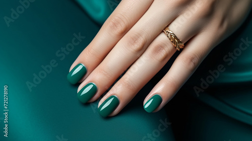 Glamour woman hand with green color nail polish on her fingernails. Green nail manicure with gel polish at luxury beauty salon. Nail art and design. Female hand model. French manicure.