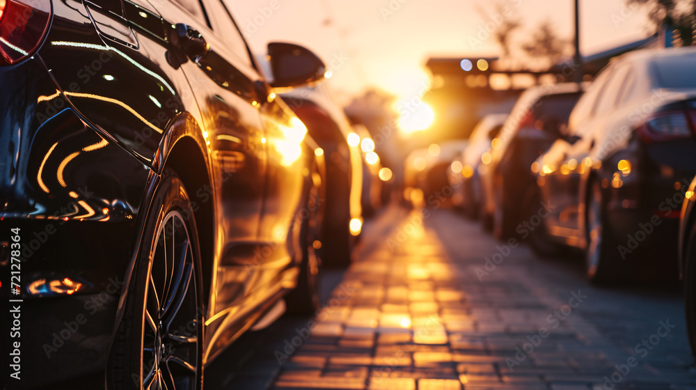 Car parked at outdoor parking lot. Used car for sale and rental service. Car insurance background. Automobile parking area. Car dealership and dealer agent concept. Automotive industry.