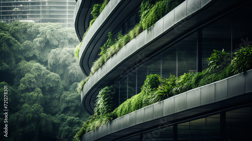 Sustainable green building. Eco-friendly building. Sustainable glass office building with garden on balconies. Office with green environment. Green architecture. Corporate building.