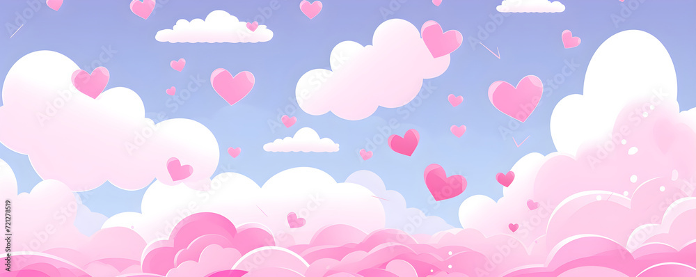 Pink hearts on cloudy sky. Love, Valentine day, wedding concept. Abstract romantic background for design greeting card, print, poster