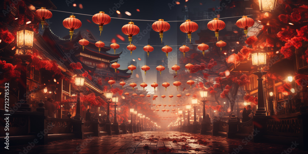 Obraz premium Banner with chinese old street with lanterns and flowers. Chinese Lunar New Year concept. Shallow depth of field.