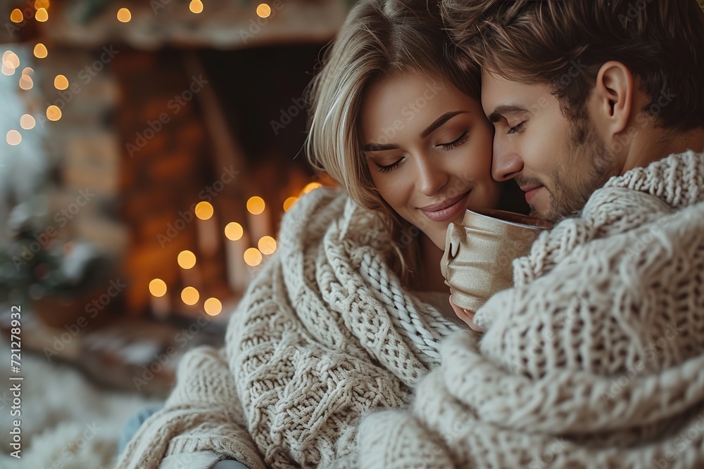 A cozy scene of a couple wrapped in blankets, sipping hot cocoa by a fireplace