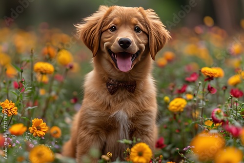 A cute puppy wearing a Valentine's Day bowtie surrounded by flowers