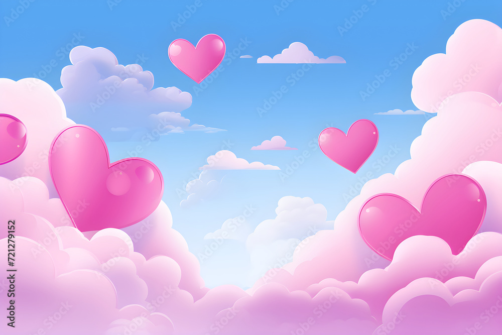 Pink hearts on cloudy sky. Love, Valentine day, wedding concept. Abstract romantic background for design greeting card, print, poster