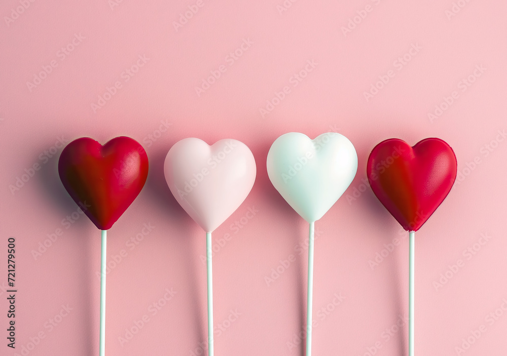 heart shape candy lollipops in the color of red and white on a simple background