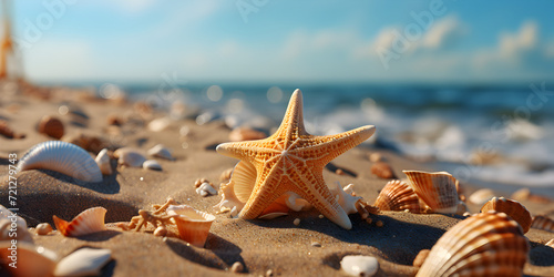 summer beach with starfish and shells under blue sky